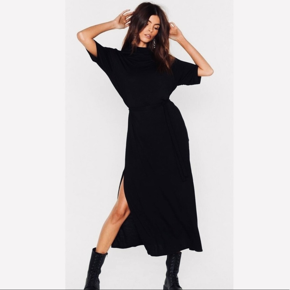 Nasty Gal High Neck Black Belted Midi Dress